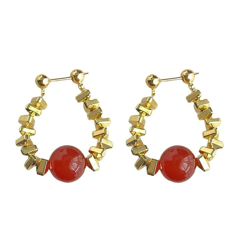 Light Luxury Red Agate Natural Stone Geometric Round Copper Drop Earrings