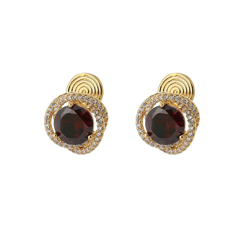 Elegant Round Deep Red Zircon Halo Stud & Clip On No Piercing Gold Alloy Luxury Party Earrings