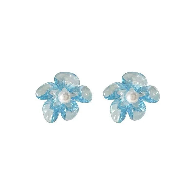 Fairy Style Translucent Blue Acrylic Flower Pearl Stud Earrings Irregular Floral Design