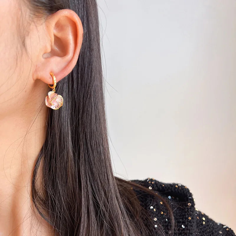Elegant Pink Enamel Camellia Flower Rhinestone Spiral Drop Stud & Clip On No Piercing Earrings