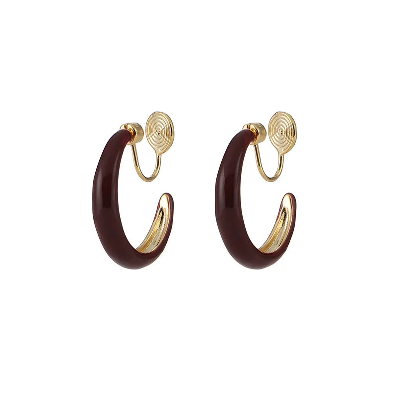 Vintage Dark Red Enamel C Hoop Alloy Stud & Clip On No Piercing Spiral Disc Women's Earrings