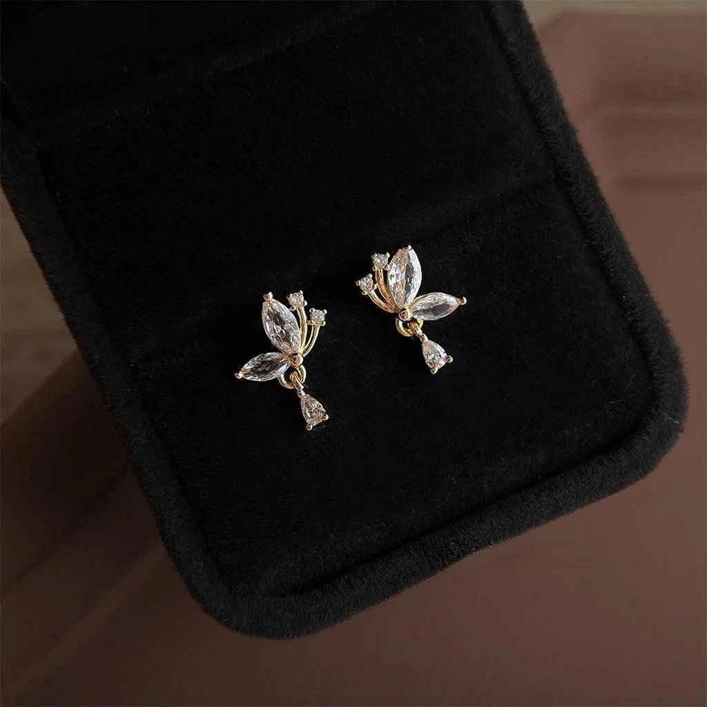 Copper Micro Pave Zircon Water Drop Butterfly Stud Earrings French Sweet Floral Style