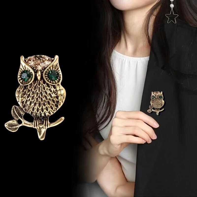 Vintage Gold Alloy Owl Brooch With Green Rhinestone Eyes, Elegant Animal Lapel Pin Suit Accessory Gift