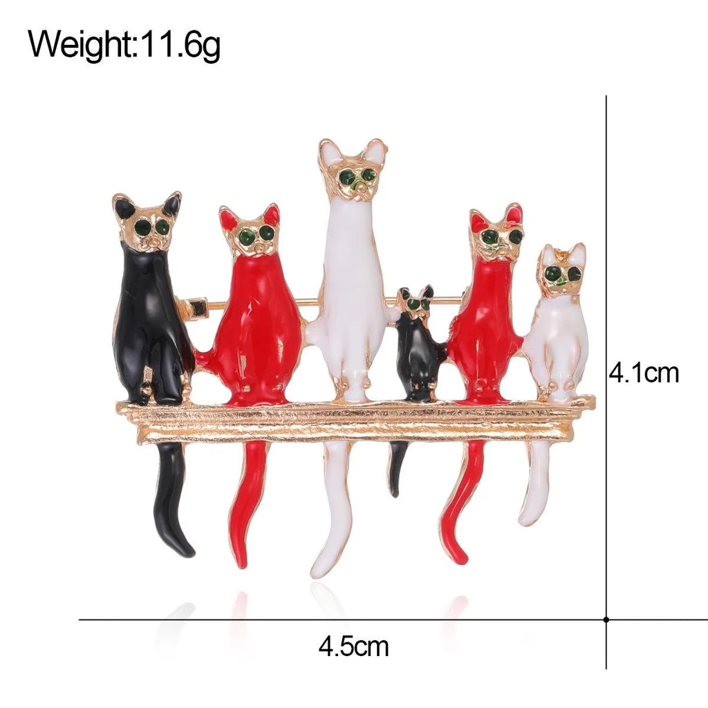 Cute Six Cartoon Cats Alloy Enamel Brooch With Gold Tone Bar, Creative Lapel Pin Corsage Suit Accessory Gift