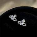 Delicate Micro Pave Zircon Saturn Stud Earrings, Geometric Ring Minimalist Style