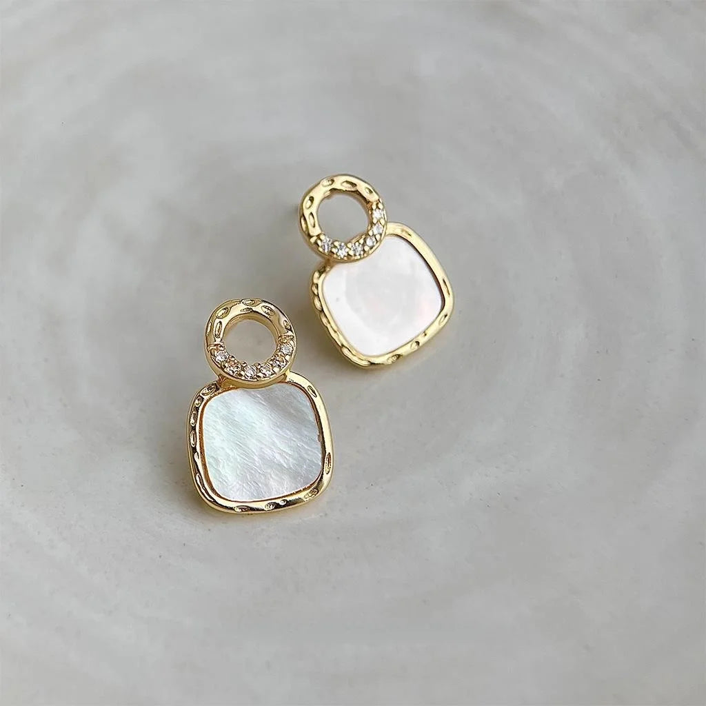 Premium 14K Gold Plated Copper Geometric Hollow Shell Zircon Stud Earrings