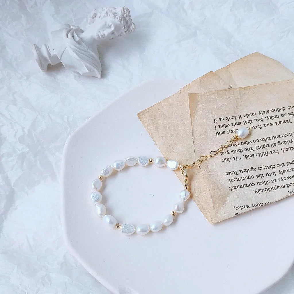 14K Gold Plated Natural Freshwater Pearl Braided Teardrop Bracelet For Women