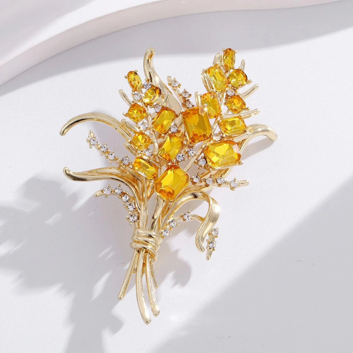 Luxury Wheat Bouquet Brooch With Yellow Rhinestones, Gold Alloy Elegant Lapel Pin Corsage Suit Accessory Gift