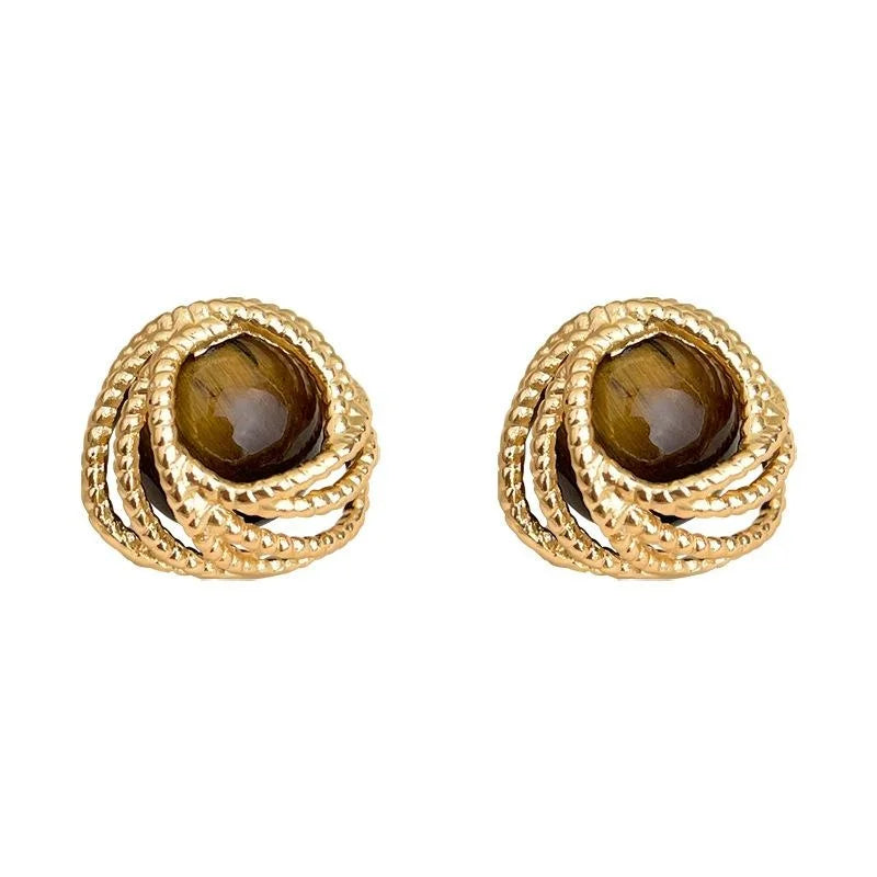 Maillard Style Copper Tiger Eye Stud Earrings Vintage Round Geometric Line Design