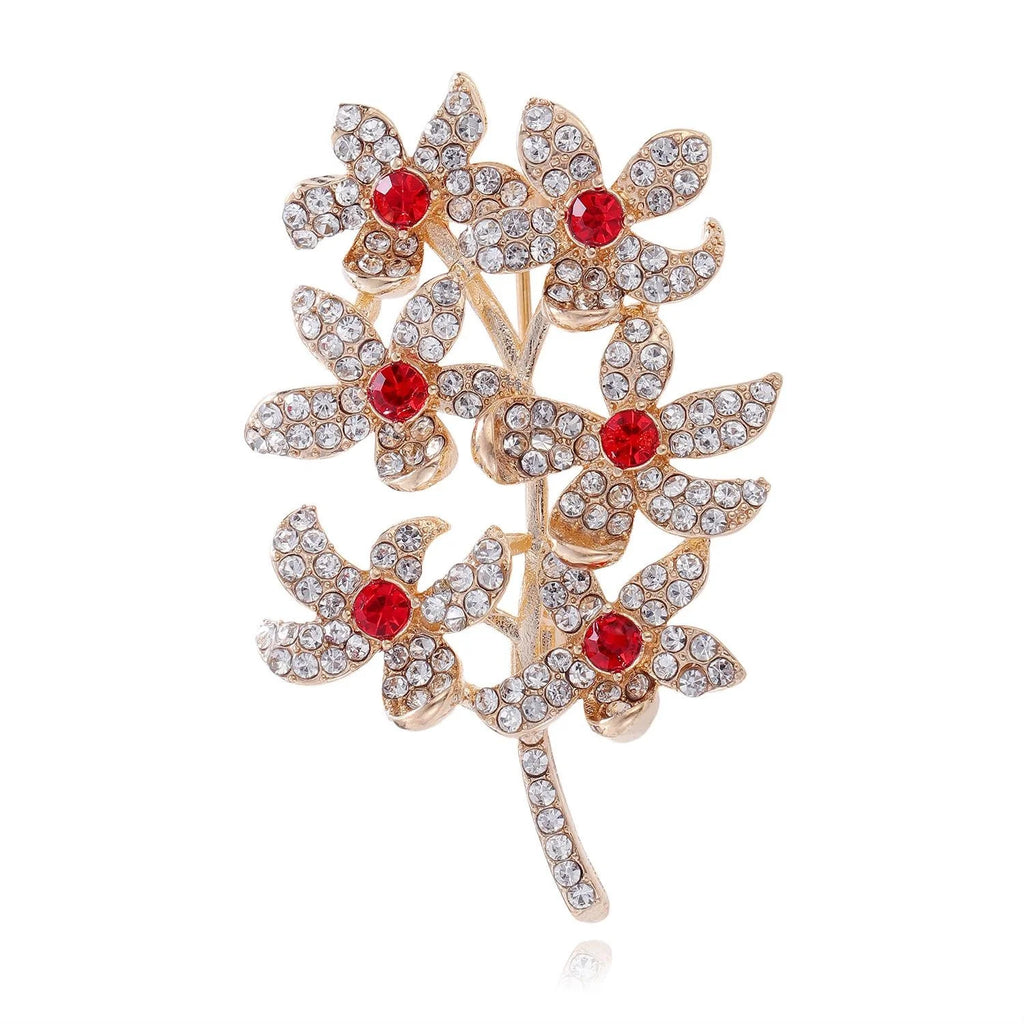 Elegant Rhinestone Six Flower Branch Brooch With Green Zircon Centers, Fresh Floral Lapel Pin Suit Accessory