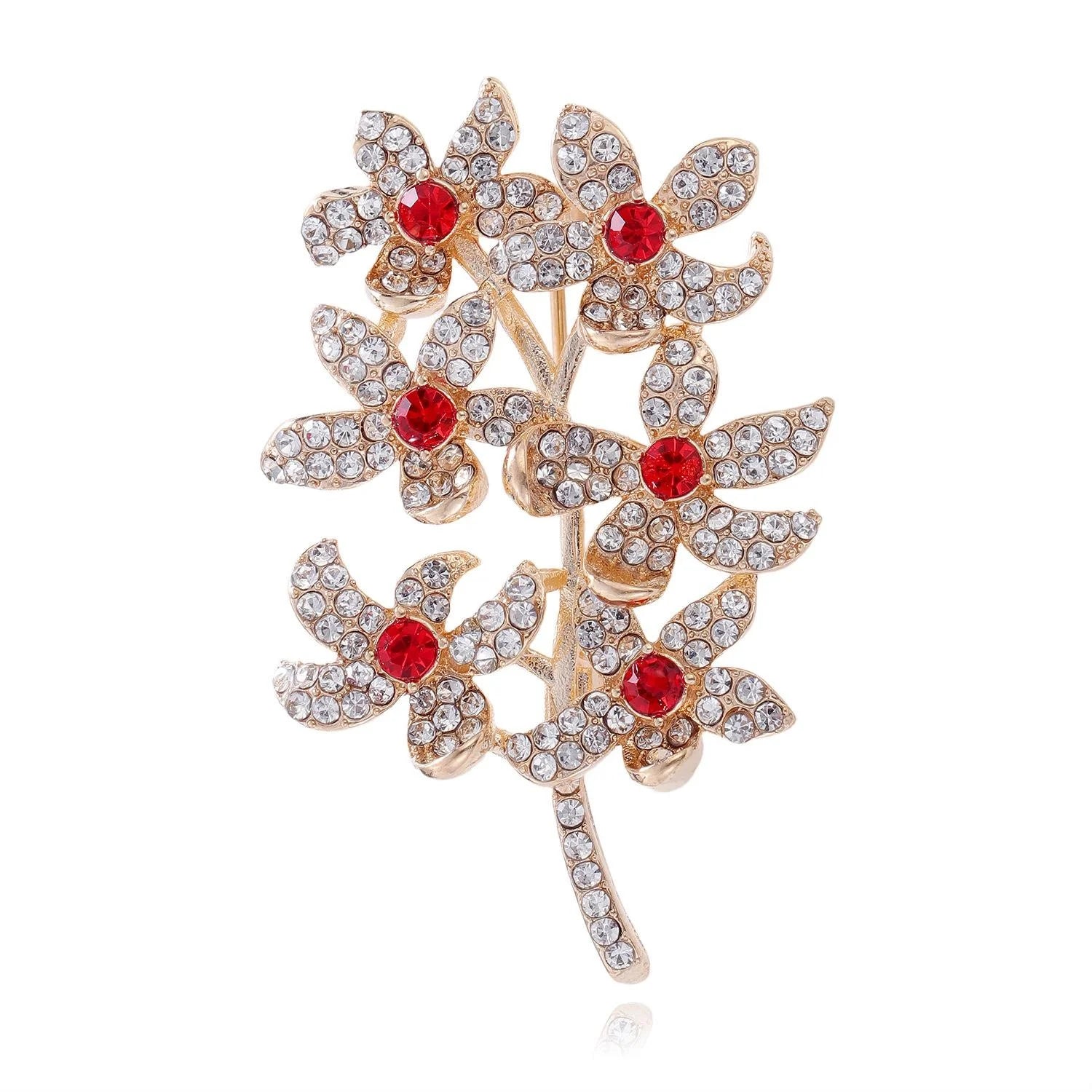Elegant Rhinestone Six Flower Branch Brooch With Green Zircon Centers, Fresh Floral Lapel Pin Suit Accessory