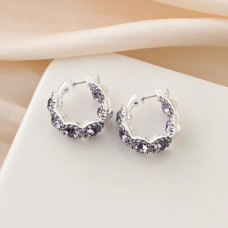 Elegant Purple Crystal Rhinestone Hoop Huggie Stud & Clip On No Piercing Alloy Circle Earrings
