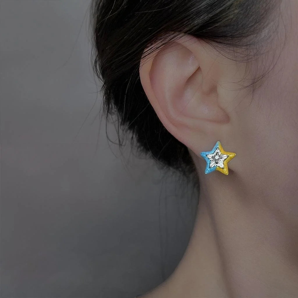 Hand Painted Star Stud Earrings Eco Friendly Copper With Silver Plated Pins Sweet Girl Style