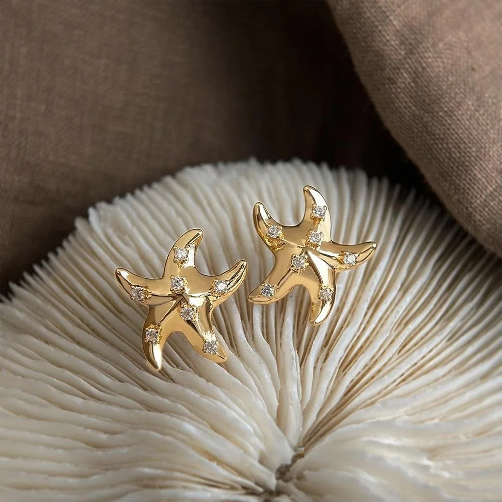 14K Gold Plated Copper Starfish Stud Earrings With Micro Pave Zircon Ocean Luxury Style