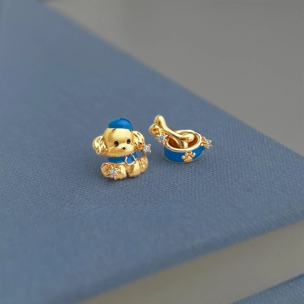 Original Designer Enamel Painted Dog And Bone Micro Pave Zircon Copper Stud Earrings