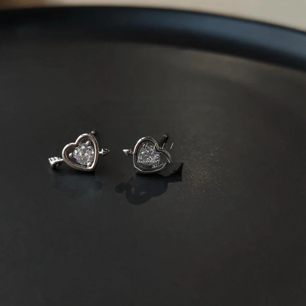 Korean Style Mini Heart Arrow Zircon Copper Stud Earrings With Silver Plated Pins