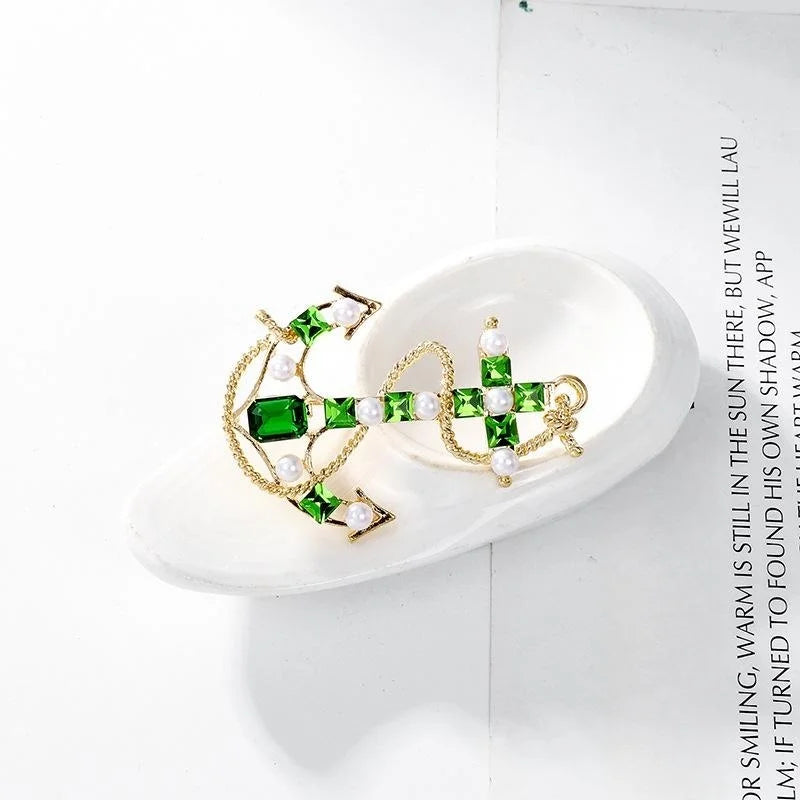Vintage Baroque Anchor Brooch With Green Rhinestones And Faux Pearls, Luxury Nautical Lapel Pin Gift