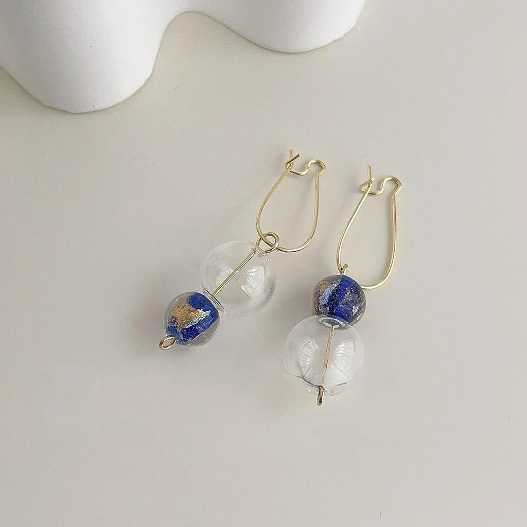 New Chinese Style Handmade Glass Crystal Asymmetric Indigo Geometric Round Drop Earrings