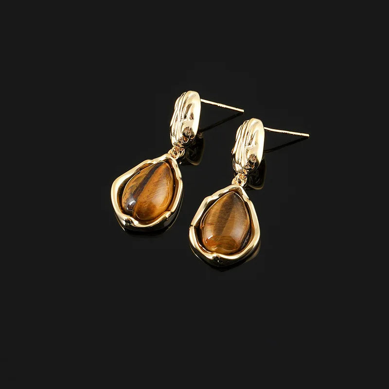 Vintage Gold Tone Alloy Tiger Eye Teardrop Dangle Stud & Clip On No Piercing Women's Earrings