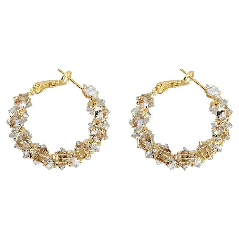 18K Gold Plated Copper Geometric Round Zircon Hoop Earrings, Thick Shiny Luxury Style
