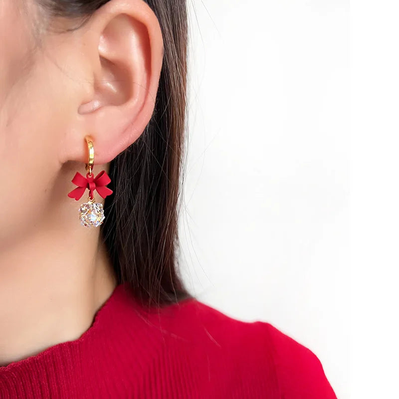 Elegant Red Bowknot Zircon Crystal Ball Spiral Alloy Stud & Clip On No Piercing Drop Dangle Earrings
