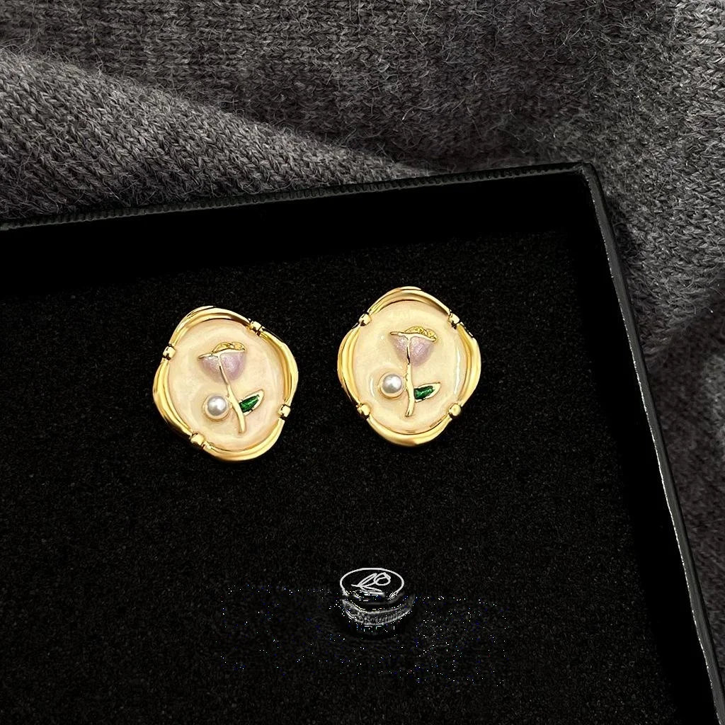 Sweet 14K Gold Plated Pearl Enamel Tulip Flower Stud Earrings