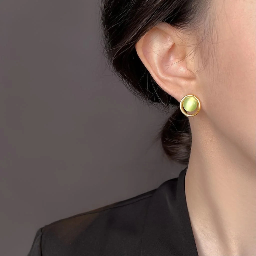 Fresh Green Glass Cat Eye Stone Round Geometric Copper Stud Earrings For Commuting