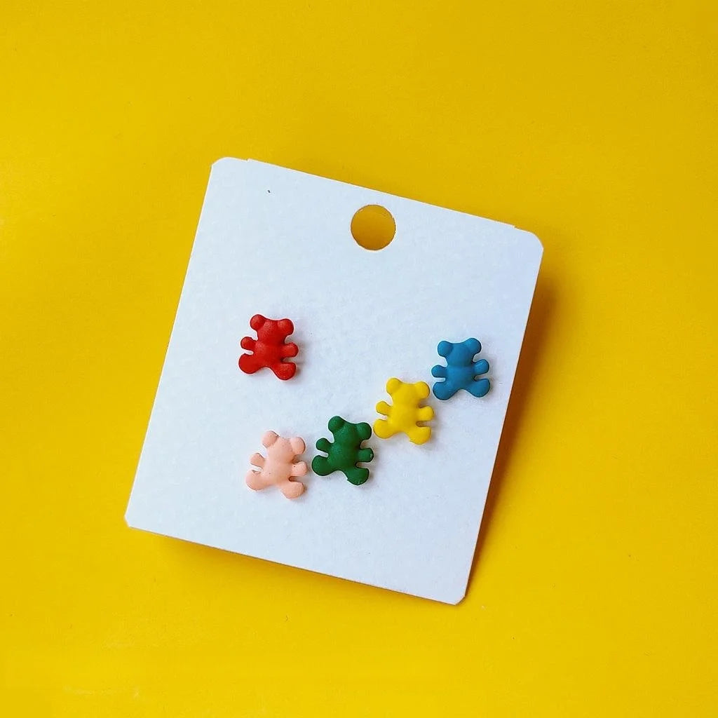 5 Piece Mini Bear Enamel Alloy Stud Earrings With Silver Plated Pins Korean Japanese Style