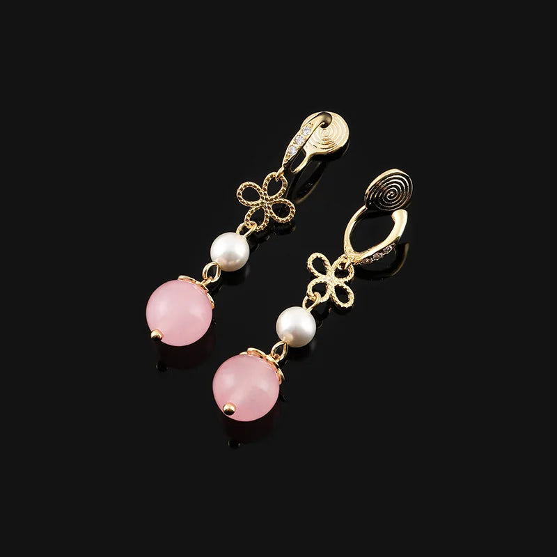 Elegant Chinese Style Pink Round Bead Pearl Flower Rhinestone Alloy Drop Stud & Clip On No Piercing Earrings