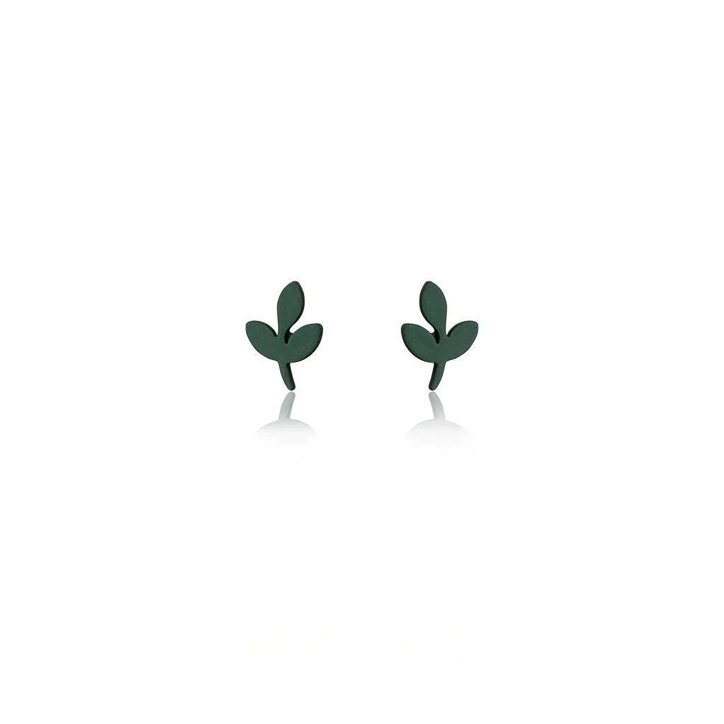 Green Mini Leaf Stud Earrings Metal Enamel Forest Style Cute Spring Summer Jewelry
