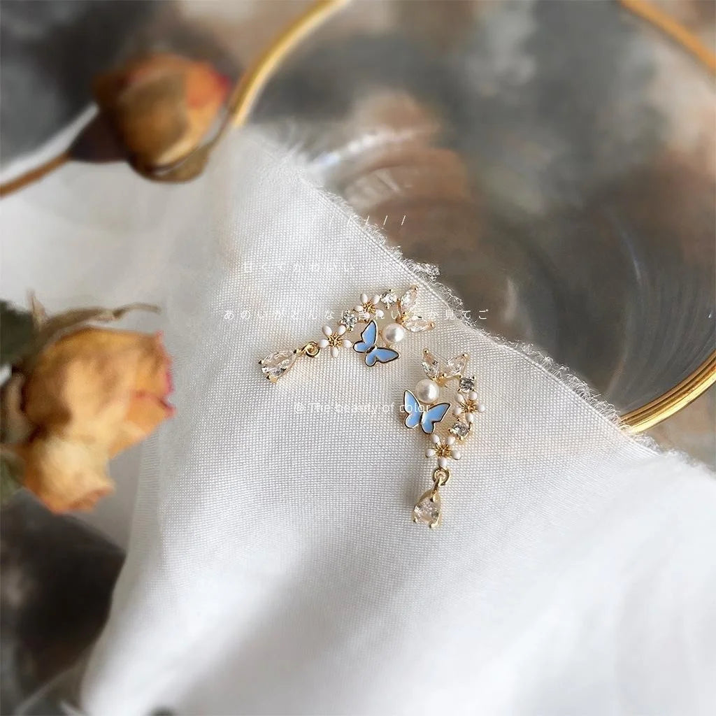 Forest Style Copper Pearl Zircon Butterfly Flower Drop Earrings For Women