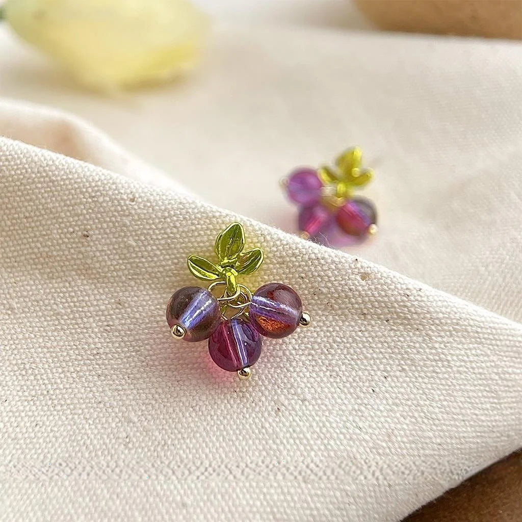 Handmade Purple Grape Cluster Crystal Glass Stud Earrings Sweet Fresh Summer Vacation Style