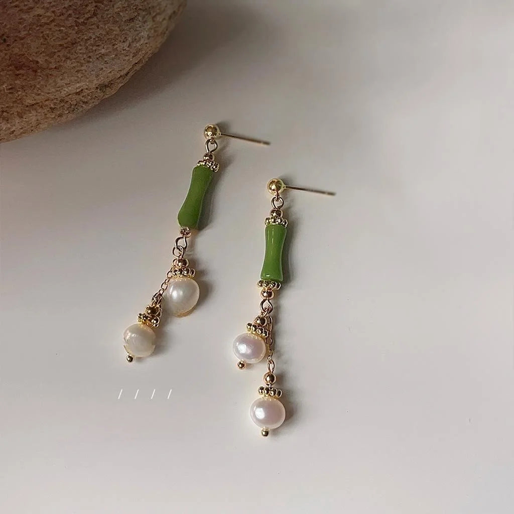 Original Design Copper Stud Earrings With Freshwater Pearl Tassel Bamboo Geometric Forest Style