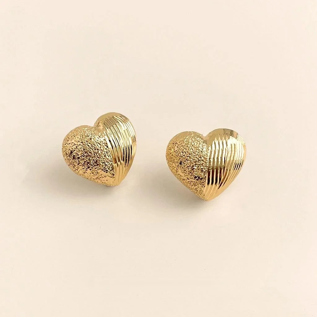 14K Gold Plated Copper Heart Stud Earrings Handmade Hammered Sand Texture Geometric Minimalist Jewelry