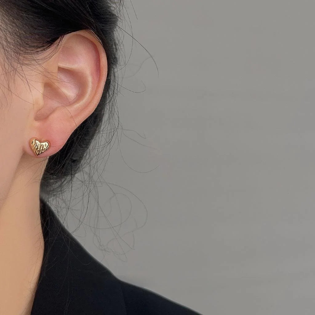 14K Gold Plated Copper Mini 3D Textured Heart Stud Earrings Sweet Minimalist Everyday