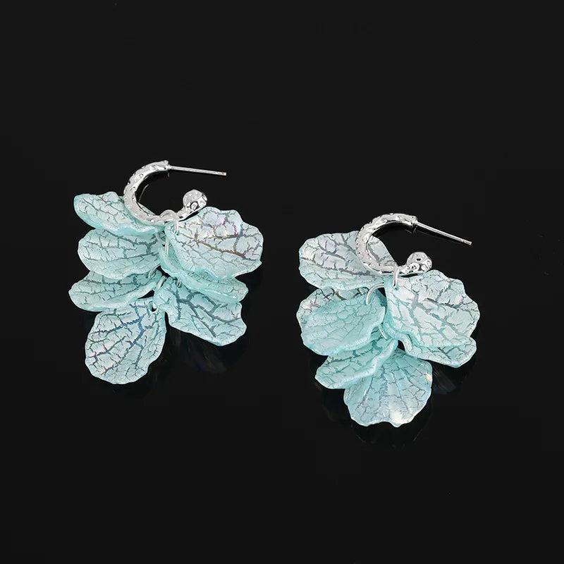 Elegant Aqua Blue Petal Tassel Alloy Stud & Clip On No Piercing Vacation Floral Drop Earrings