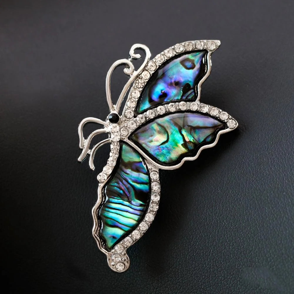 Elegant Abalone Mother Of Pearl Butterfly Brooch With Rhinestone Alloy Lapel Pin Corsage Suit Accessory Gift