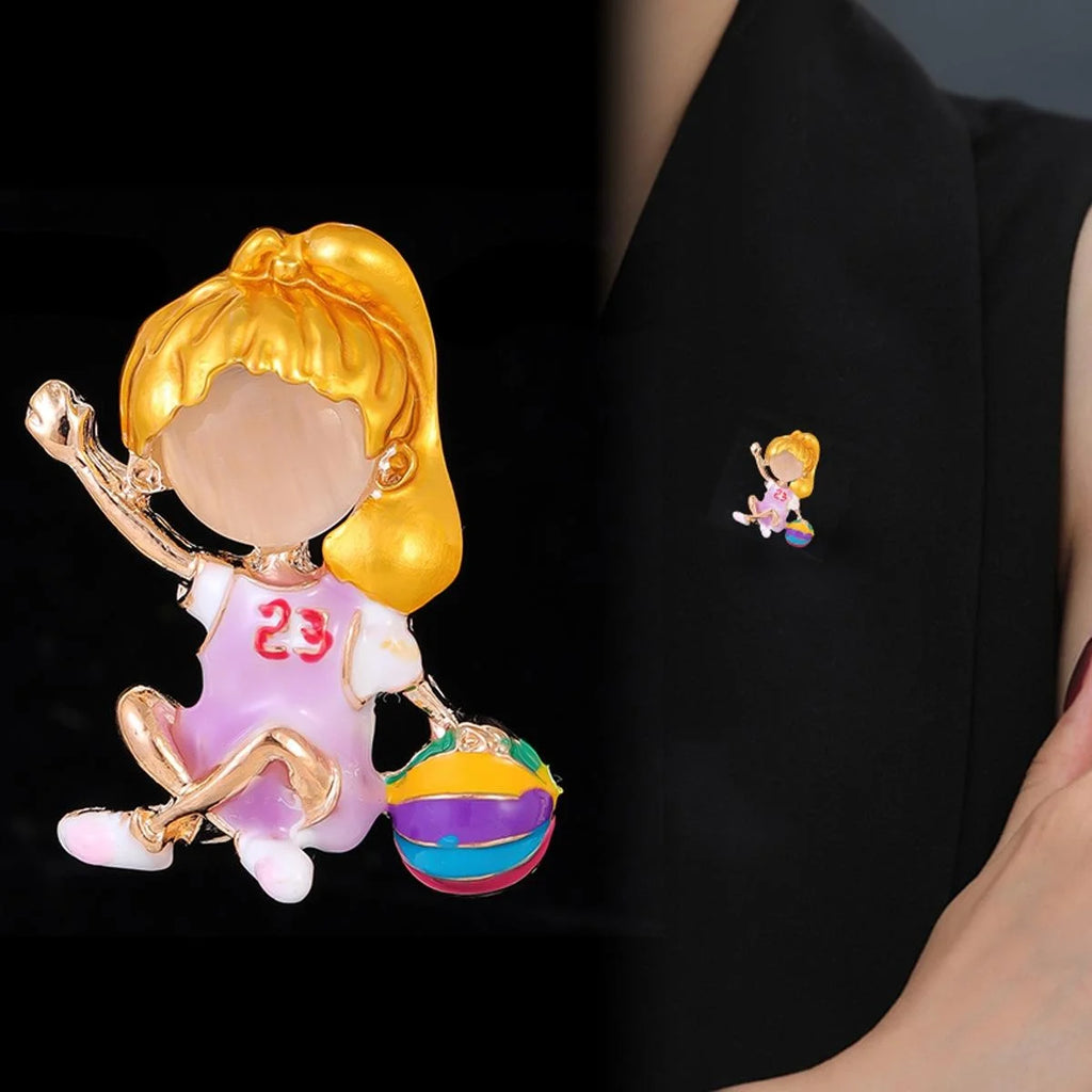Cute Enamel Alloy Female Basketball Player Brooch With Colorful Ball, Creative Lapel Pin Gift