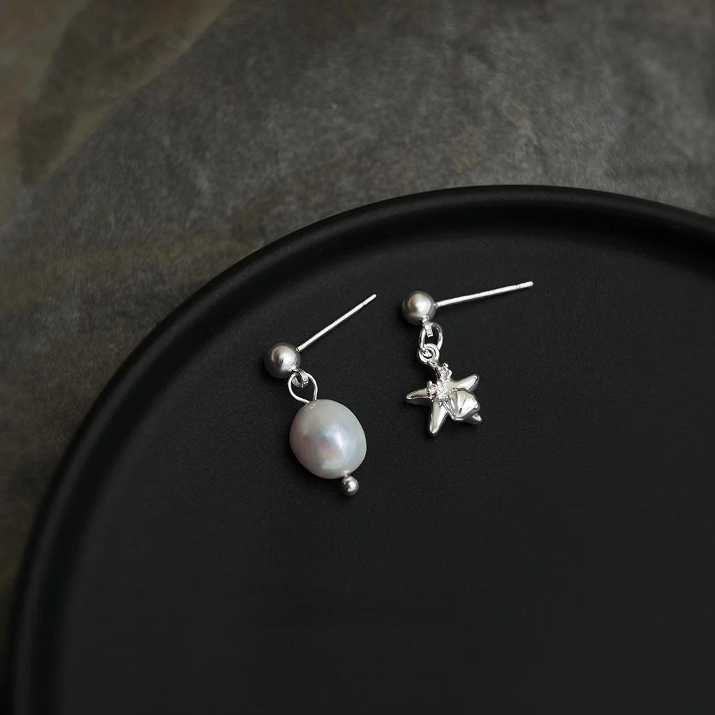 Luxury Asymmetric Baroque Freshwater Pearl Starfish Drop Earrings Geometric Ocean Jewelry