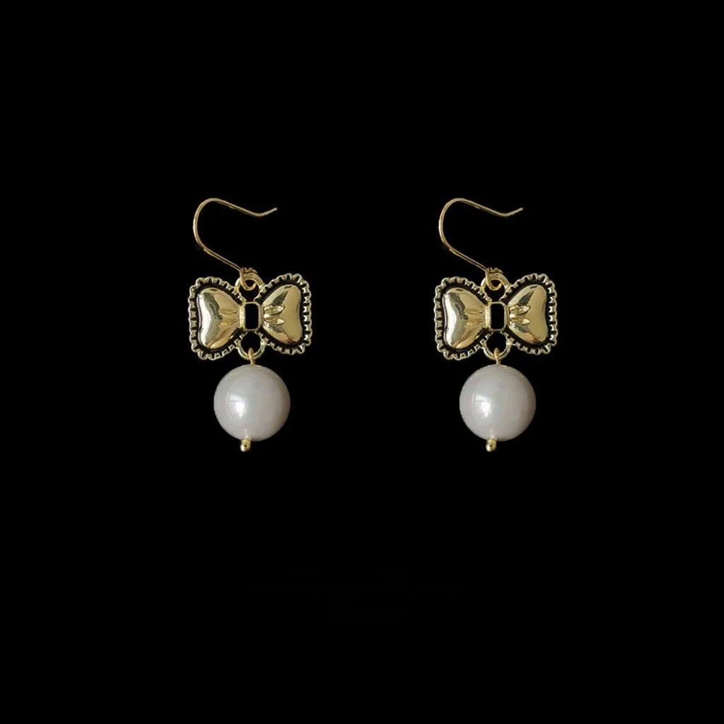 Handmade Antique Blackened Copper Bow Pearl Drop Earrings Elegant Commuter Jewelry
