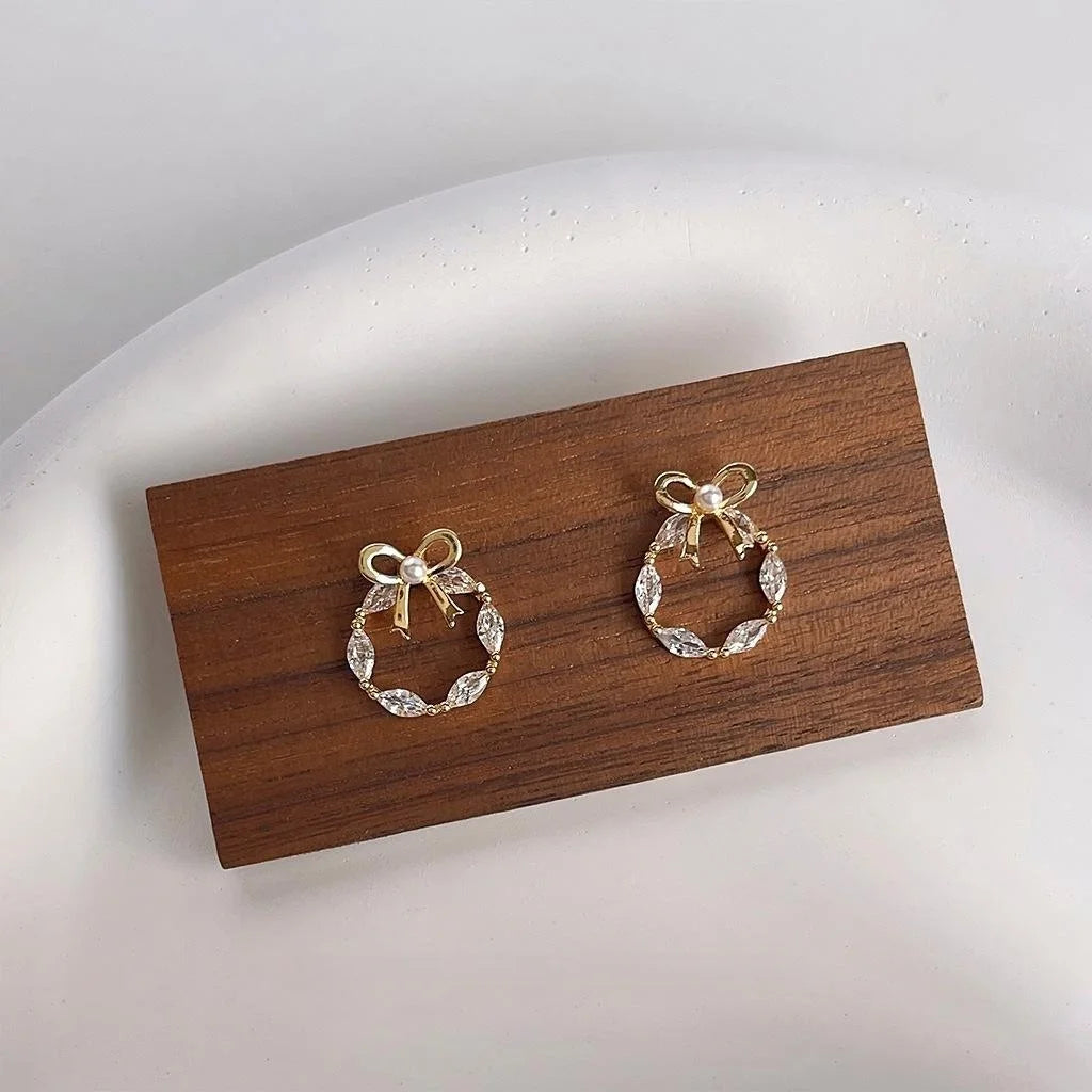 Sweet Bow Wreath Micro Pave Zircon Copper Stud Earrings, Hollow Geometric Round Mini Jewelry