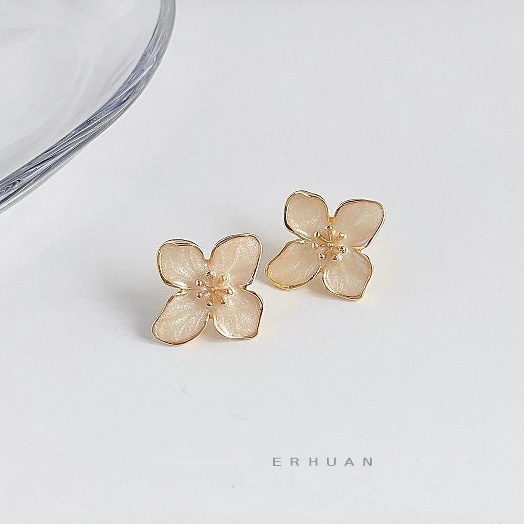 Forest Style 14K Gold Plated Copper Flower Stud Earrings With Enamel Texture
