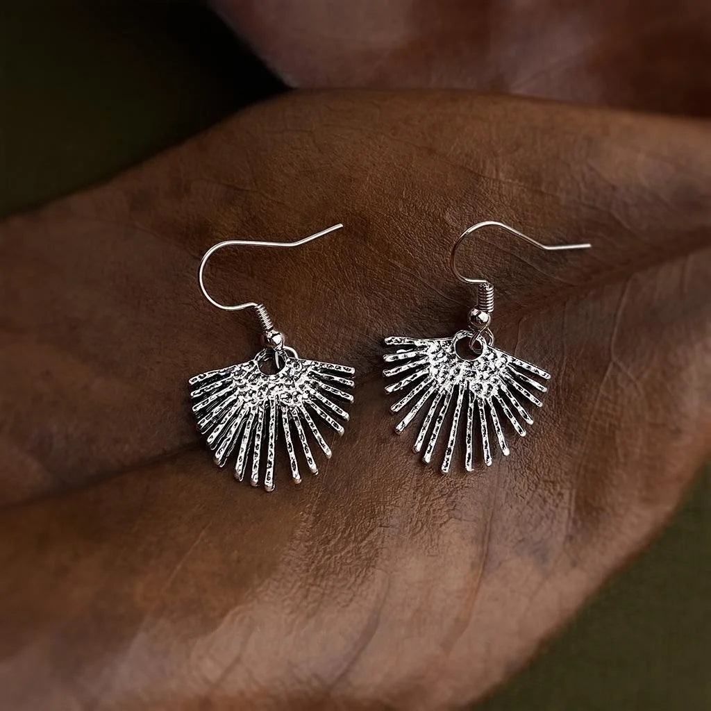 Vintage Antique Silver Eco-Friendly Copper Hollow Leaf Fan Drop Earrings for Women