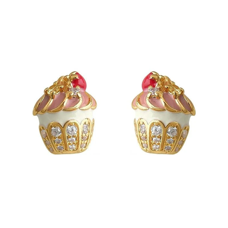 Cute Hand Painted Cake Ice Cream Stud Earrings For Women Copper Zircon Micro Pave Sweet Jewelry