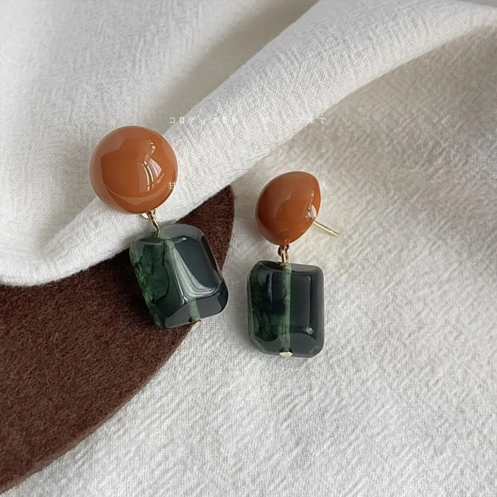 Handmade Autumn Ombre Resin Copper Geometric Drop Earrings With Silver Plated Pins