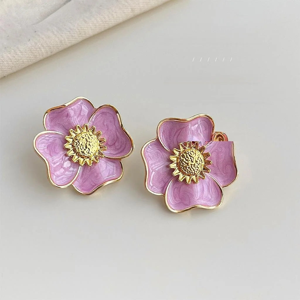 Vintage French Floral Alloy Stud Earrings Pink Purple Enamel Daisy Statement Jewelry