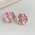 Vintage French Floral Alloy Stud Earrings Pink Purple Enamel Daisy Statement Jewelry
