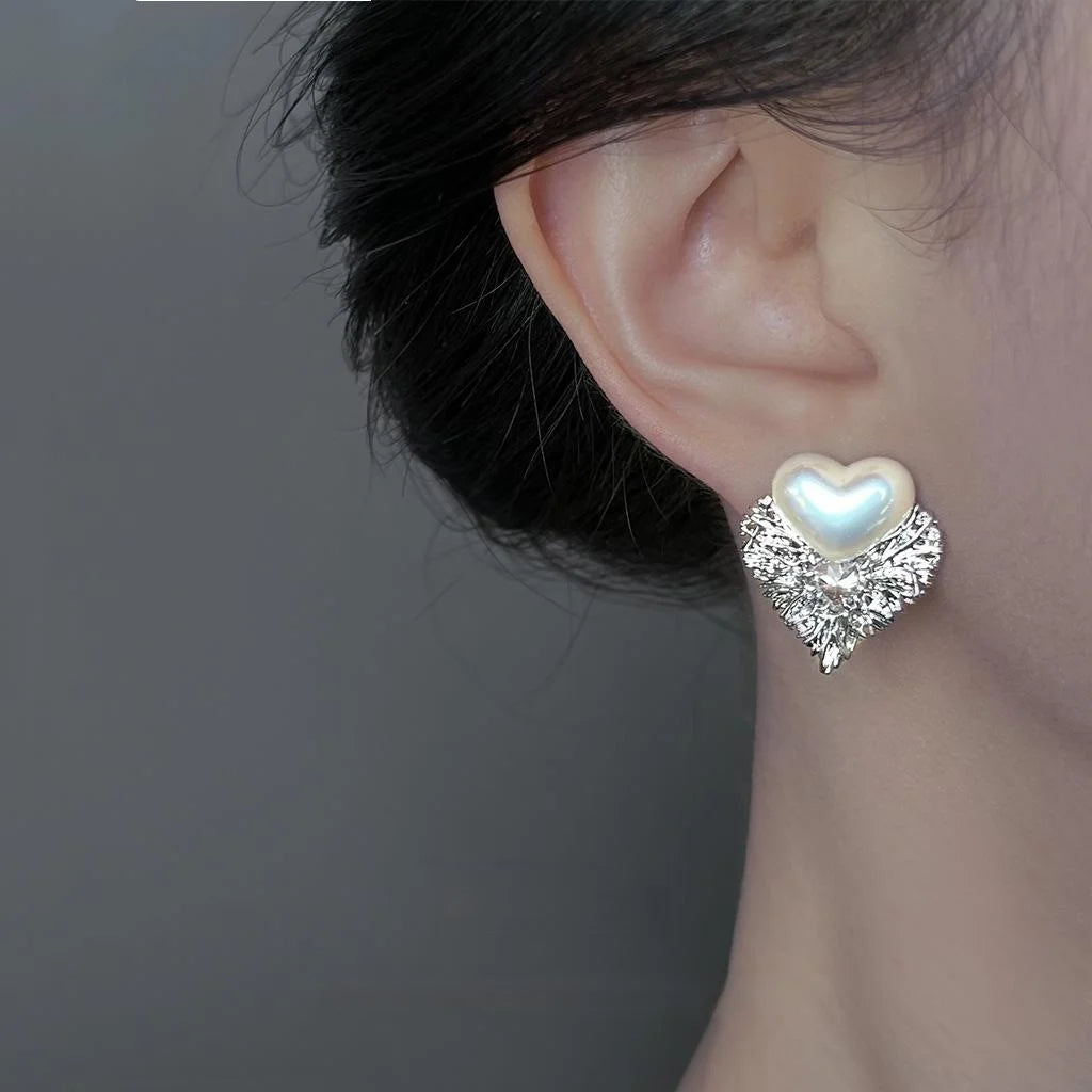 Two Way Minimalist Heart Stud Earrings Silver Plated Copper Micro Pave Zircon Pearl Jewelry