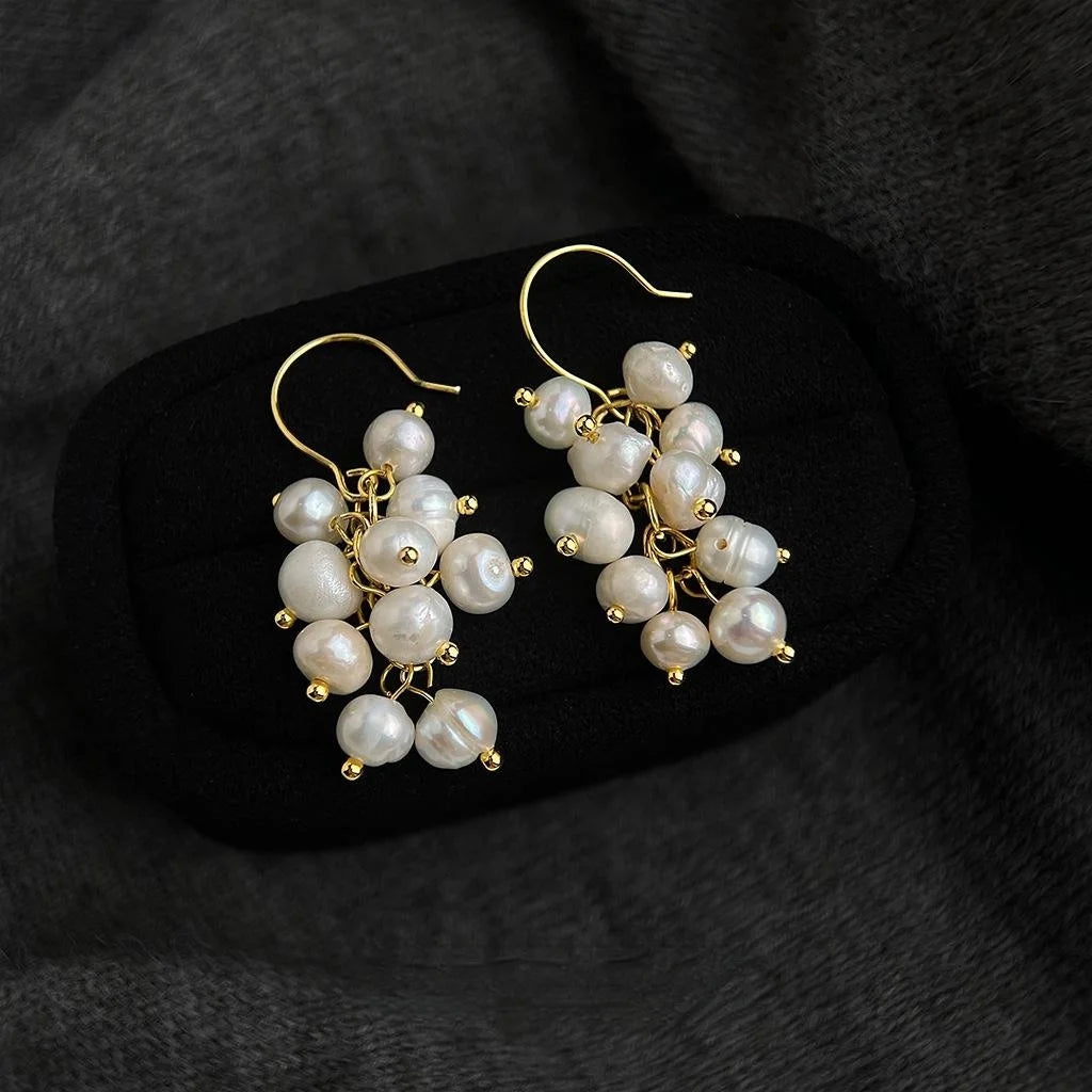 Irregular Freshwater Pearl Grape Cluster Tassel Drop Earrings Light Luxury Handmade Jewelry