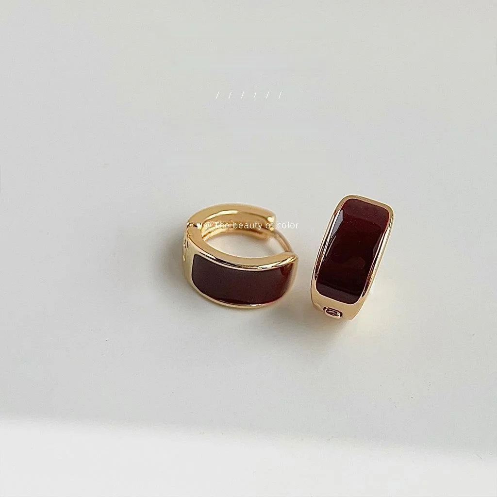 Vintage Hong Kong Style Burgundy Enamel 14K Gold Plated Copper Geometric Stud Earrings